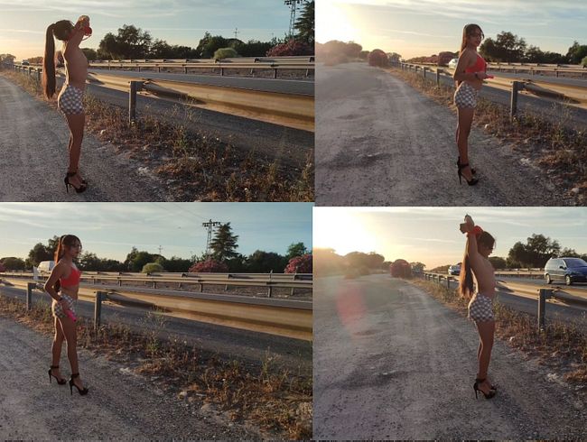 Nackt auf der Autobahn in High Heels laufen