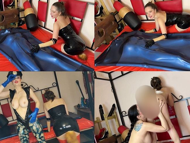 Zwei Latexgöttinnen, Latex-Outfits, Schweiß, Latex-Vakuumbett